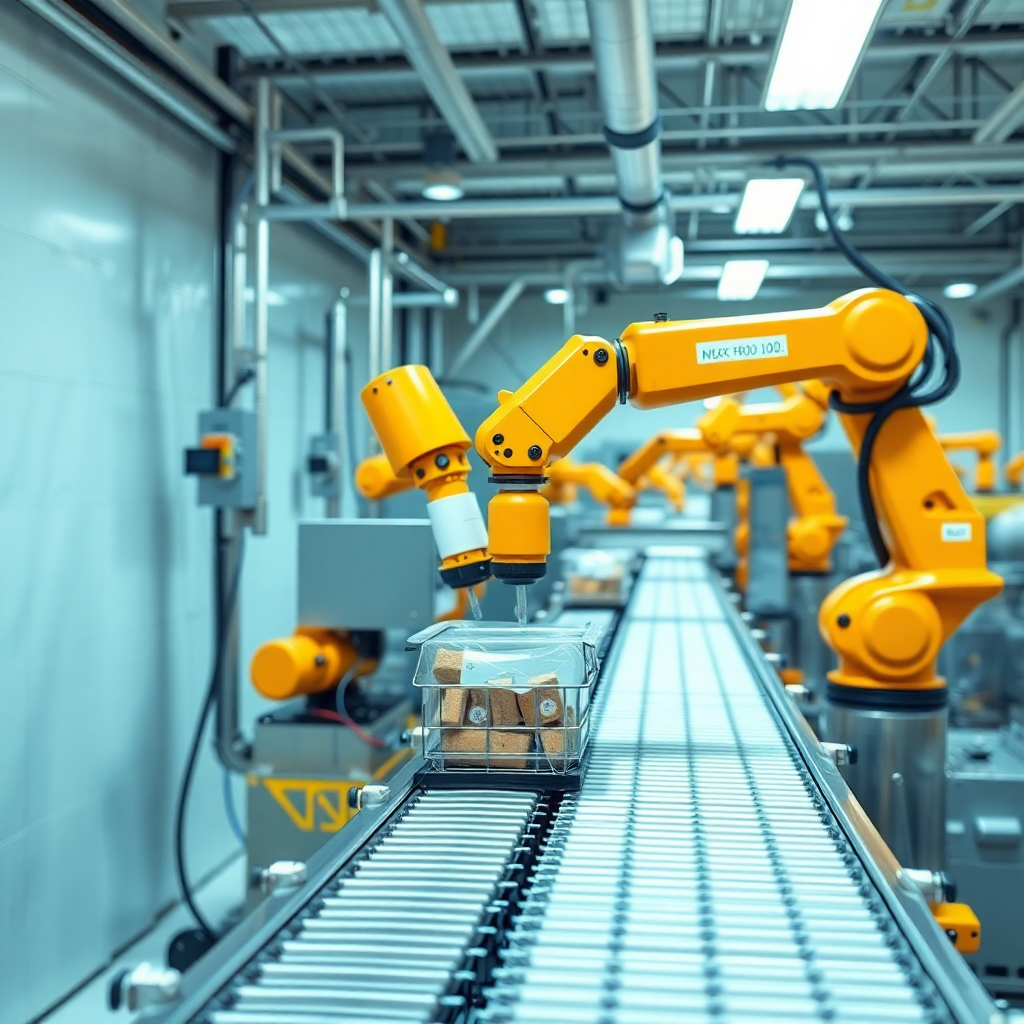 food packaging automation with robotic arms and conveyor systems in clean food factory